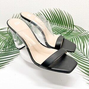 BP Naomi Clear Block Heel Slide Sandals Size 9M Black Faux Leather NWOB